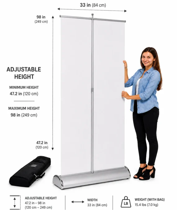 DELUX banner stand adjustable height: 33″x 98